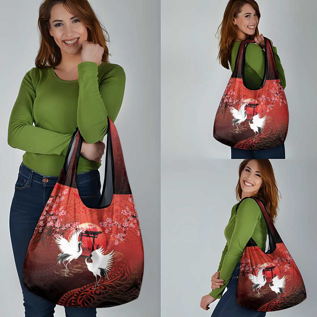 Hawaii and Japan Together Grocery Bag Polynesian Art Tattoo With Cranes And Sakura - Polynesian Pride