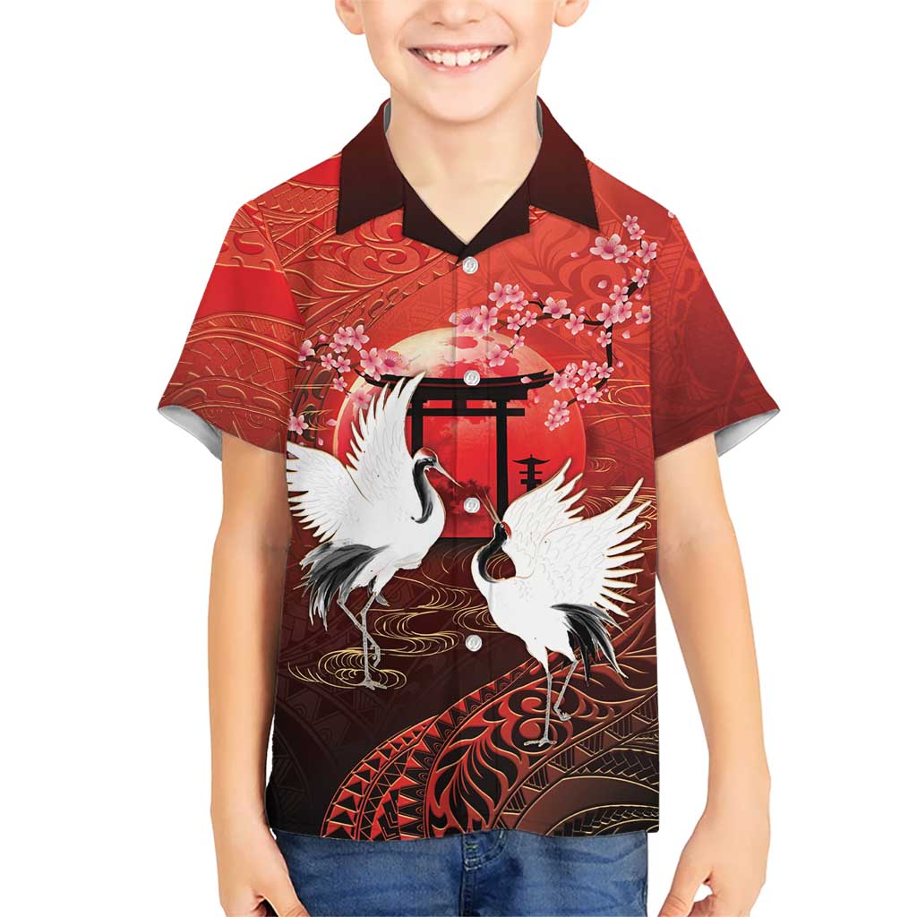 Hawaii and Japan Together Hawaiian Shirt Polynesian Art Tattoo With Cranes And Sakura - Polynesian Pride