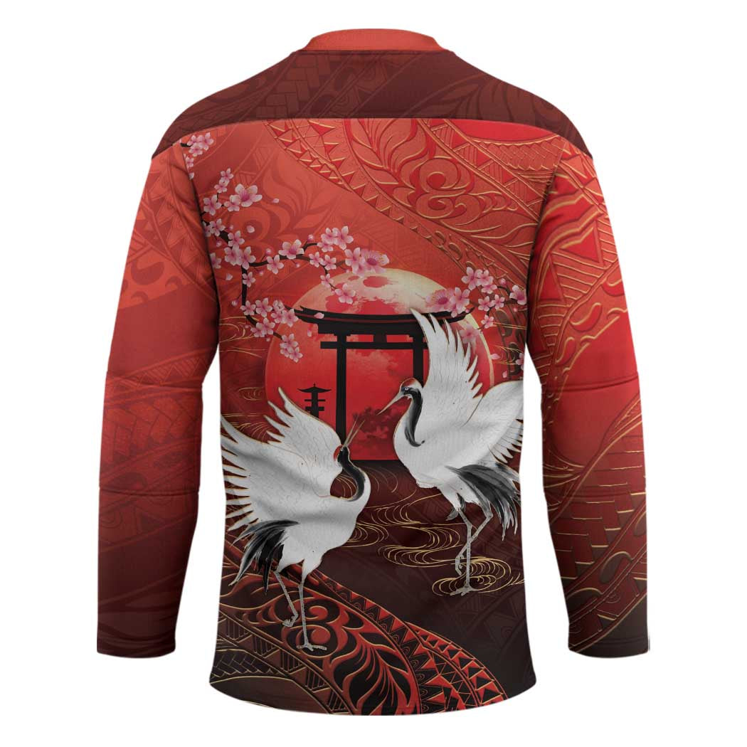 Hawaii and Japan Together Hockey Jersey Polynesian Art Tattoo With Cranes And Sakura - Polynesian Pride