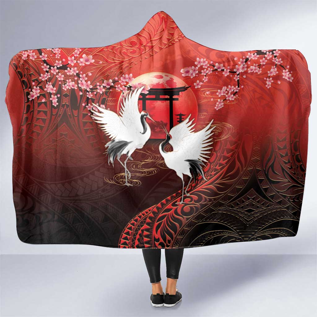 Hawaii and Japan Together Hooded Blanket Polynesian Art Tattoo With Cranes And Sakura LT05 One Size Red - Polynesian Pride