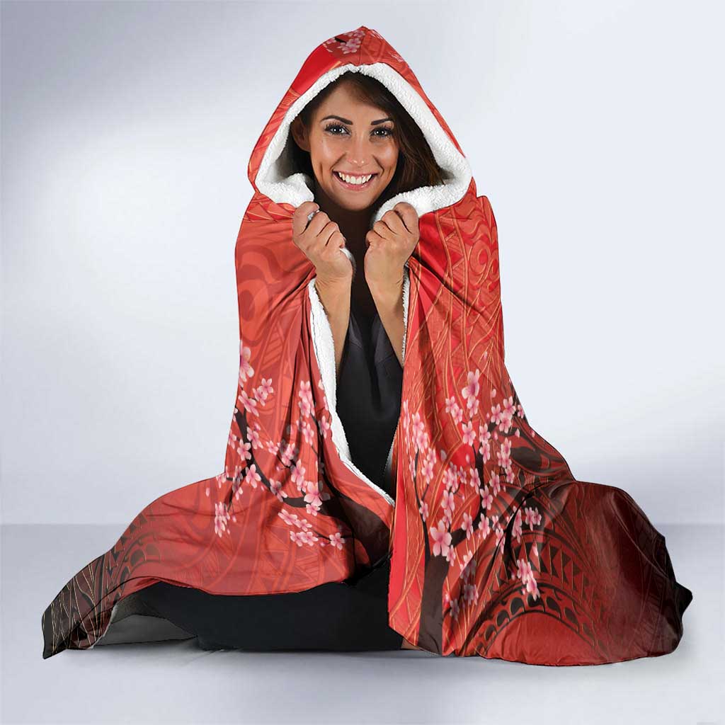 Hawaii and Japan Together Hooded Blanket Polynesian Art Tattoo With Cranes And Sakura - Polynesian Pride