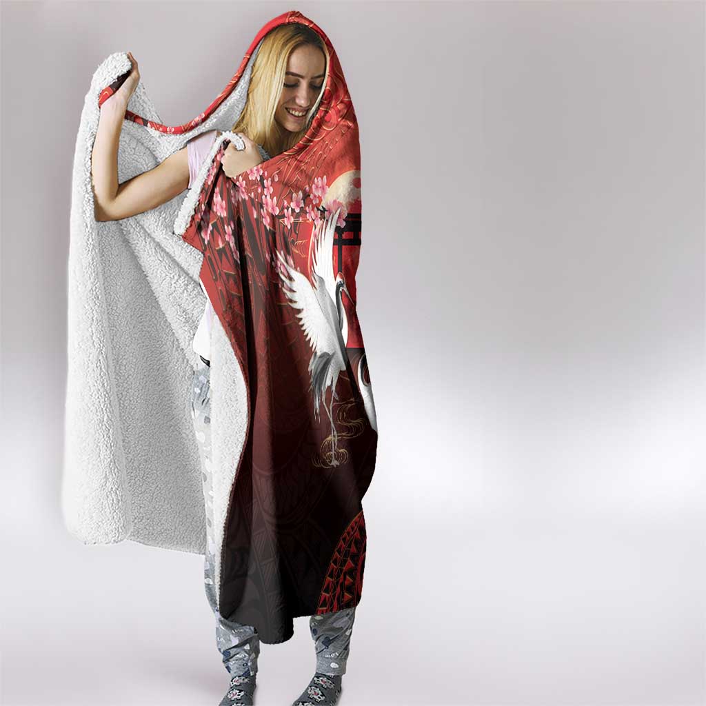 Hawaii and Japan Together Hooded Blanket Polynesian Art Tattoo With Cranes And Sakura - Polynesian Pride