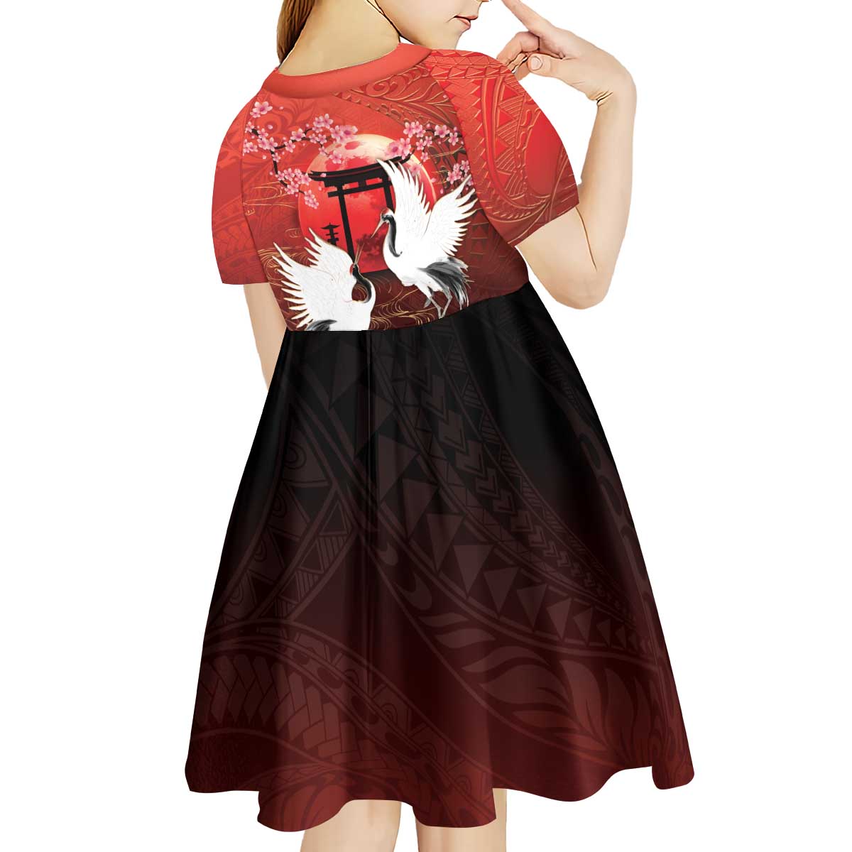 Hawaii and Japan Together Kid Short Sleeve Dress Polynesian Art Tattoo With Cranes And Sakura - Polynesian Pride
