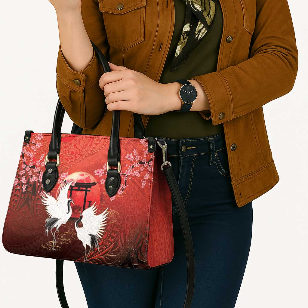 Hawaii and Japan Together Leather Bag Polynesian Art Tattoo With Cranes And Sakura - Polynesian Pride