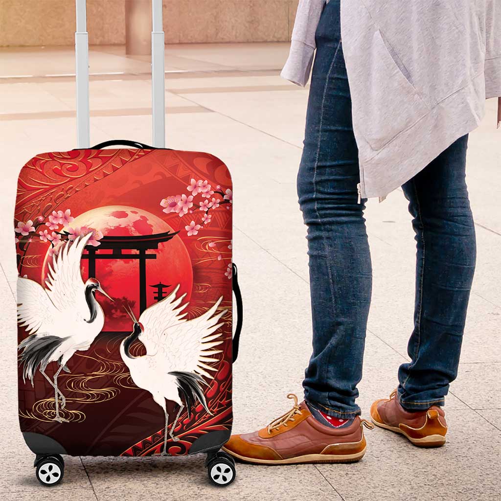 Hawaii and Japan Together Luggage Cover Polynesian Art Tattoo With Cranes And Sakura LT05 Red - Polynesian Pride