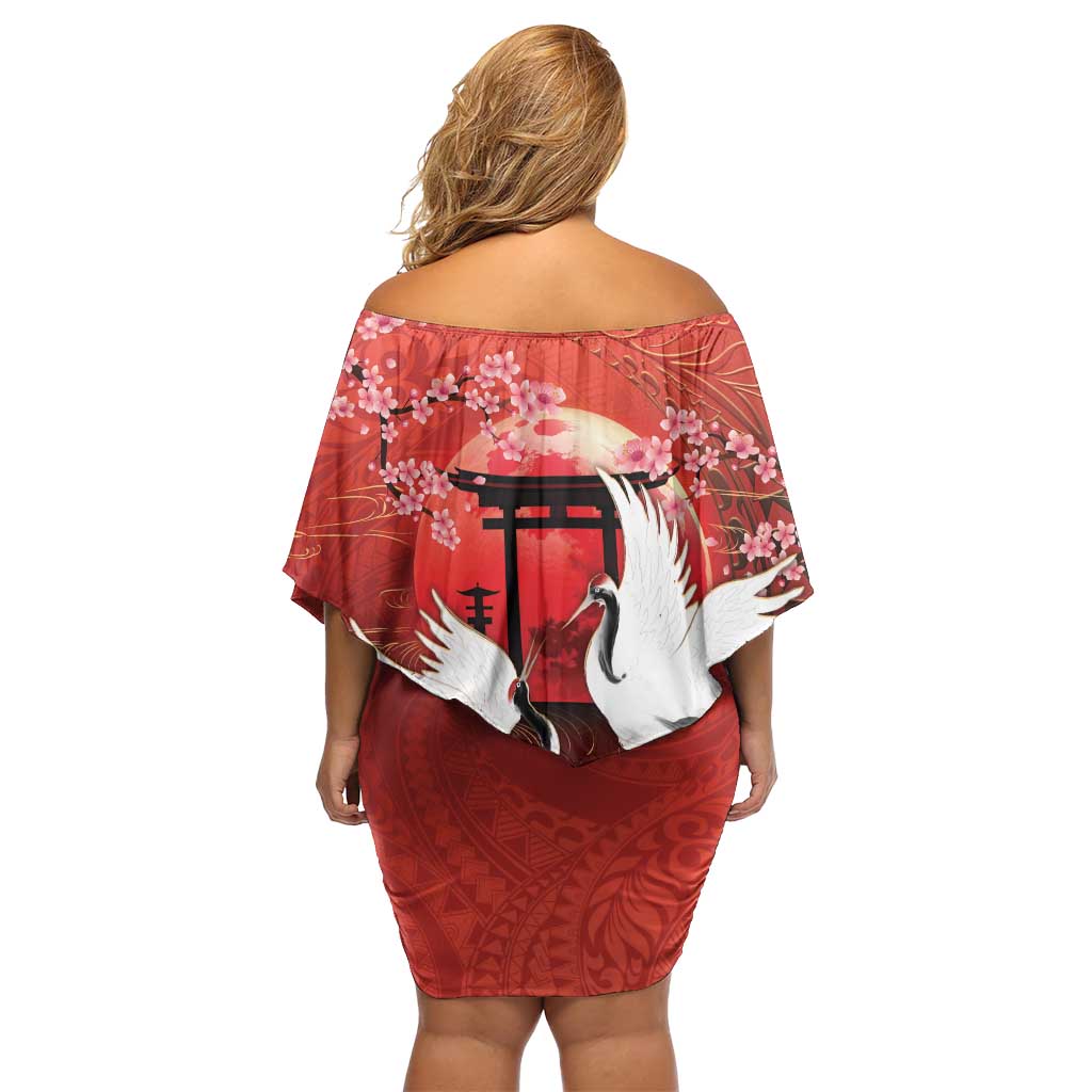 Hawaii and Japan Together Off Shoulder Short Dress Polynesian Art Tattoo With Cranes And Sakura - Polynesian Pride