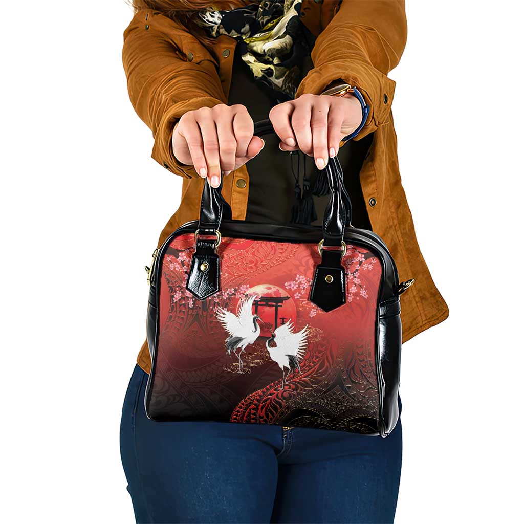 Hawaii and Japan Together Shoulder Handbag Polynesian Art Tattoo With Cranes And Sakura - Polynesian Pride