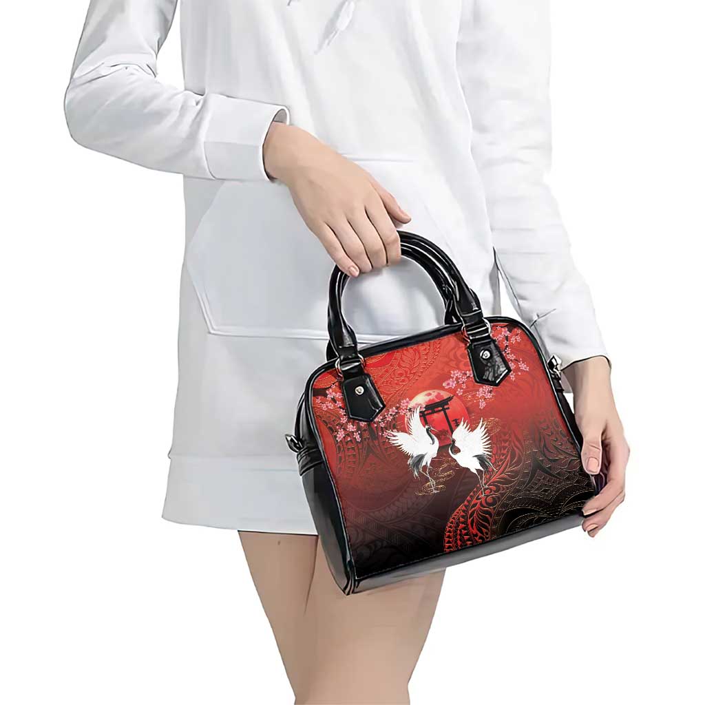 Hawaii and Japan Together Shoulder Handbag Polynesian Art Tattoo With Cranes And Sakura - Polynesian Pride