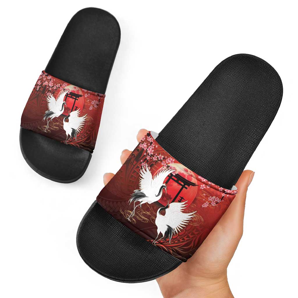 Hawaii and Japan Together Slide Sandals Polynesian Art Tattoo With Cranes And Sakura - Polynesian Pride