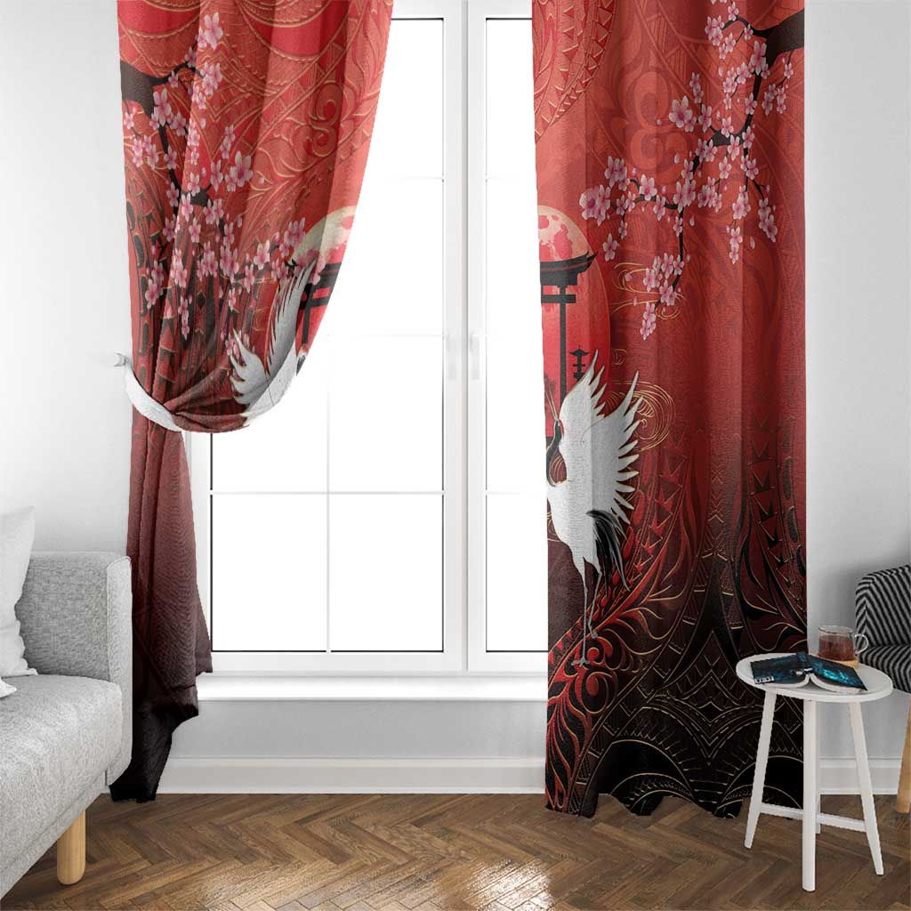 Hawaii and Japan Together Window Curtain Polynesian Art Tattoo With Cranes And Sakura - Polynesian Pride