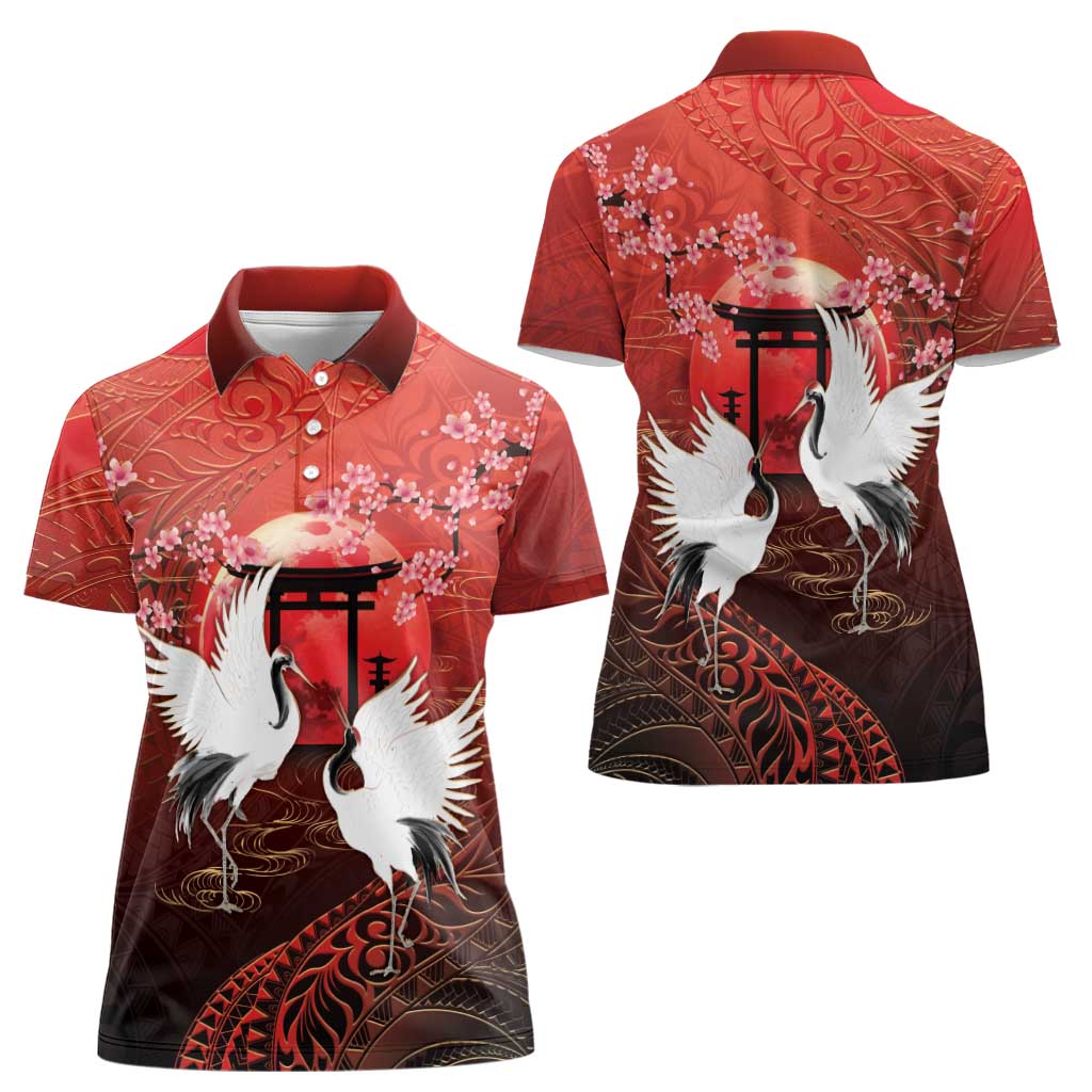 Hawaii and Japan Together Women Polo Shirt Polynesian Art Tattoo With Cranes And Sakura - Polynesian Pride