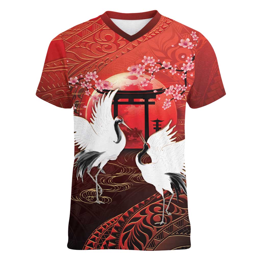 Hawaii and Japan Together Women V-Neck T-Shirt Polynesian Art Tattoo With Cranes And Sakura - Polynesian Pride