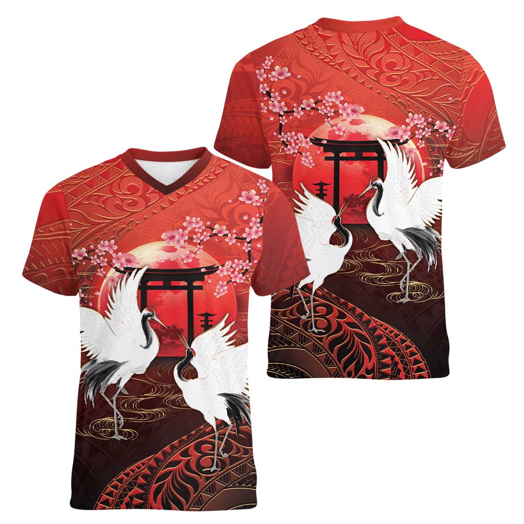 Hawaii and Japan Together Women V-Neck T-Shirt Polynesian Art Tattoo With Cranes And Sakura - Polynesian Pride