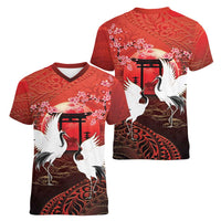 Hawaii and Japan Together Women V-Neck T-Shirt Polynesian Art Tattoo With Cranes And Sakura - Polynesian Pride
