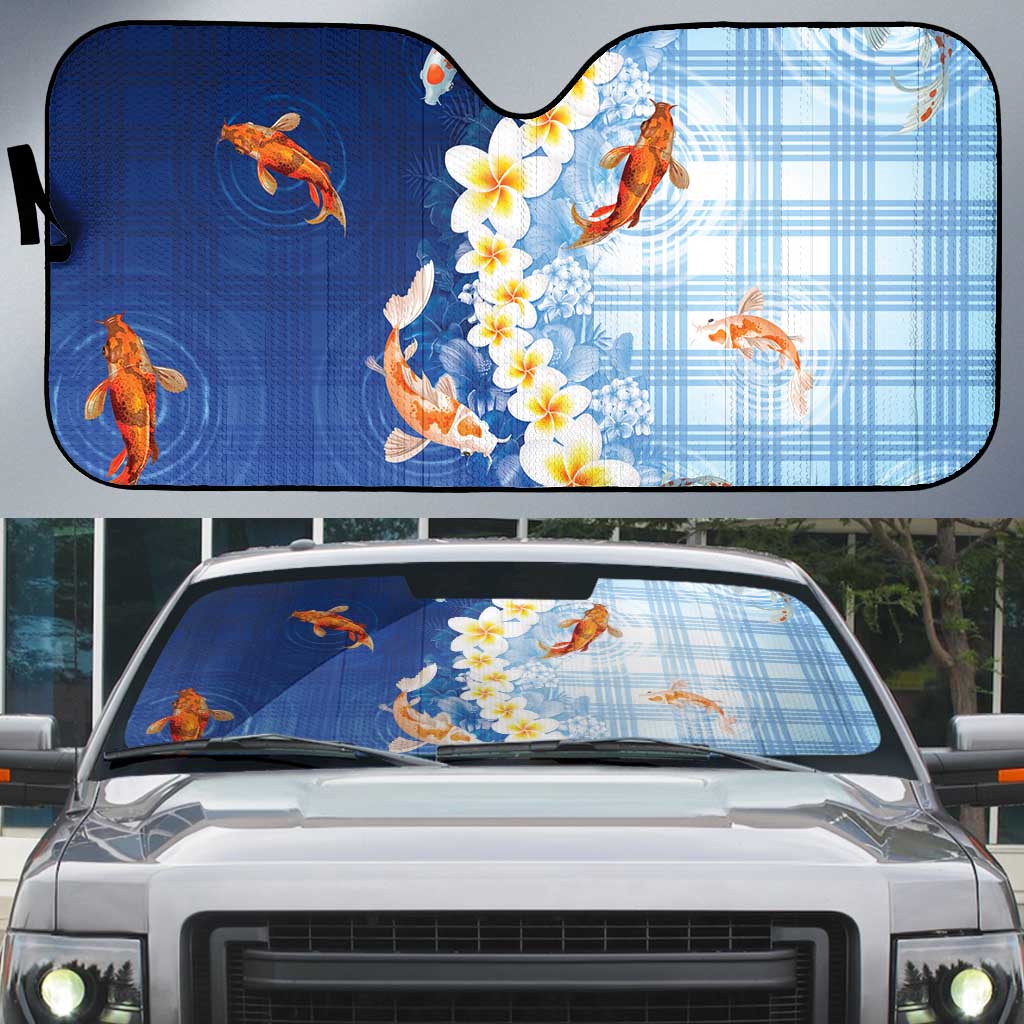 Hawaii And Japan Auto Sun Shade Plumeria Lei With Koi Fish Blue LT05 Blue - Polynesian Pride