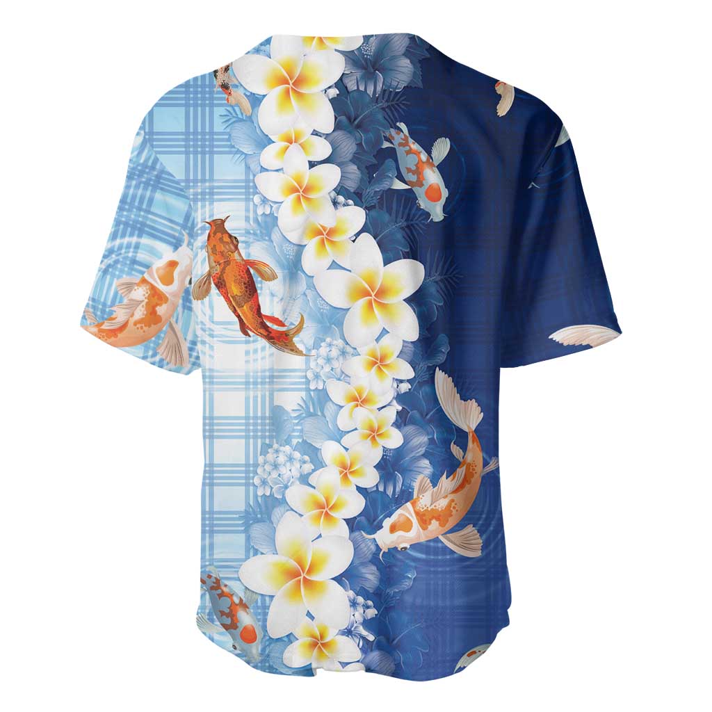 Hawaii And Japan Baseball Jersey Plumeria Lei With Koi Fish Blue - Polynesian Pride