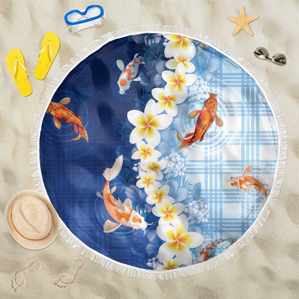Hawaii And Japan Beach Blanket Plumeria Lei With Koi Fish Blue LT05 One Size 150cm Blue - Polynesian Pride