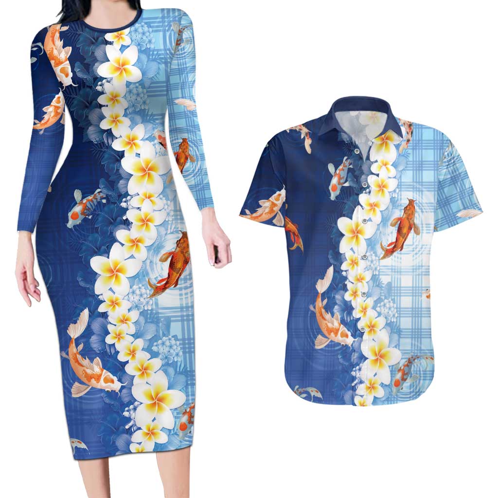 Hawaii And Japan Couples Matching Long Sleeve Bodycon Dress and Hawaiian Shirt Plumeria Lei With Koi Fish Blue LT05 Blue - Polynesian Pride