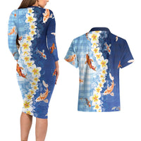 Hawaii And Japan Couples Matching Long Sleeve Bodycon Dress and Hawaiian Shirt Plumeria Lei With Koi Fish Blue LT05 - Polynesian Pride