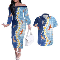 Hawaii And Japan Couples Matching Off The Shoulder Long Sleeve Dress and Hawaiian Shirt Plumeria Lei With Koi Fish Blue LT05 Blue - Polynesian Pride