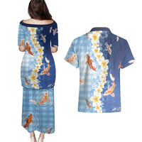 Hawaii And Japan Couples Matching Puletasi and Hawaiian Shirt Plumeria Lei With Koi Fish Blue - Polynesian Pride