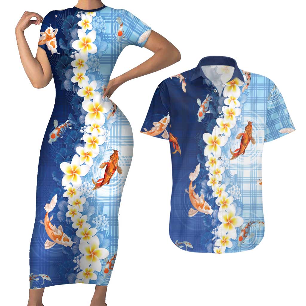 Hawaii And Japan Couples Matching Short Sleeve Bodycon Dress and Hawaiian Shirt Plumeria Lei With Koi Fish Blue LT05 Blue - Polynesian Pride