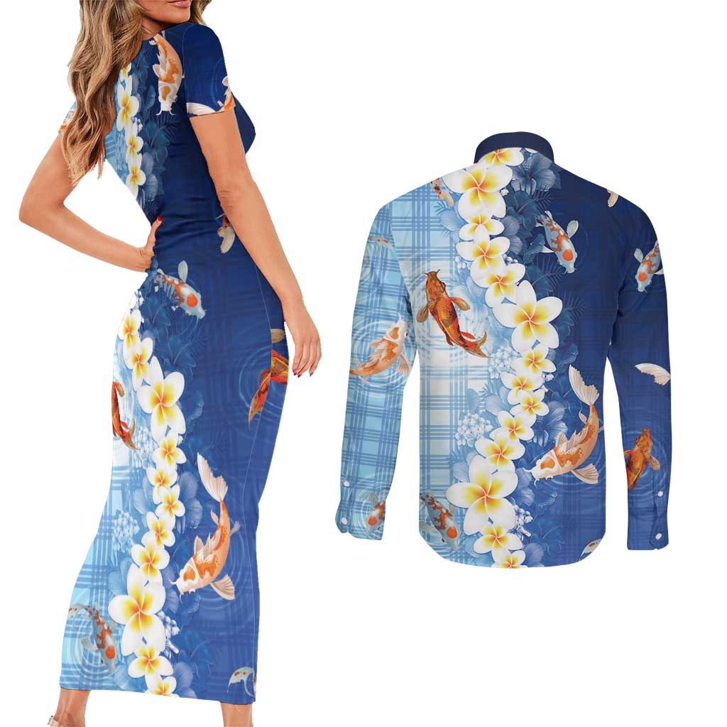 Hawaii And Japan Couples Matching Short Sleeve Bodycon Dress and Long Sleeve Button Shirt Plumeria Lei With Koi Fish Blue - Polynesian Pride