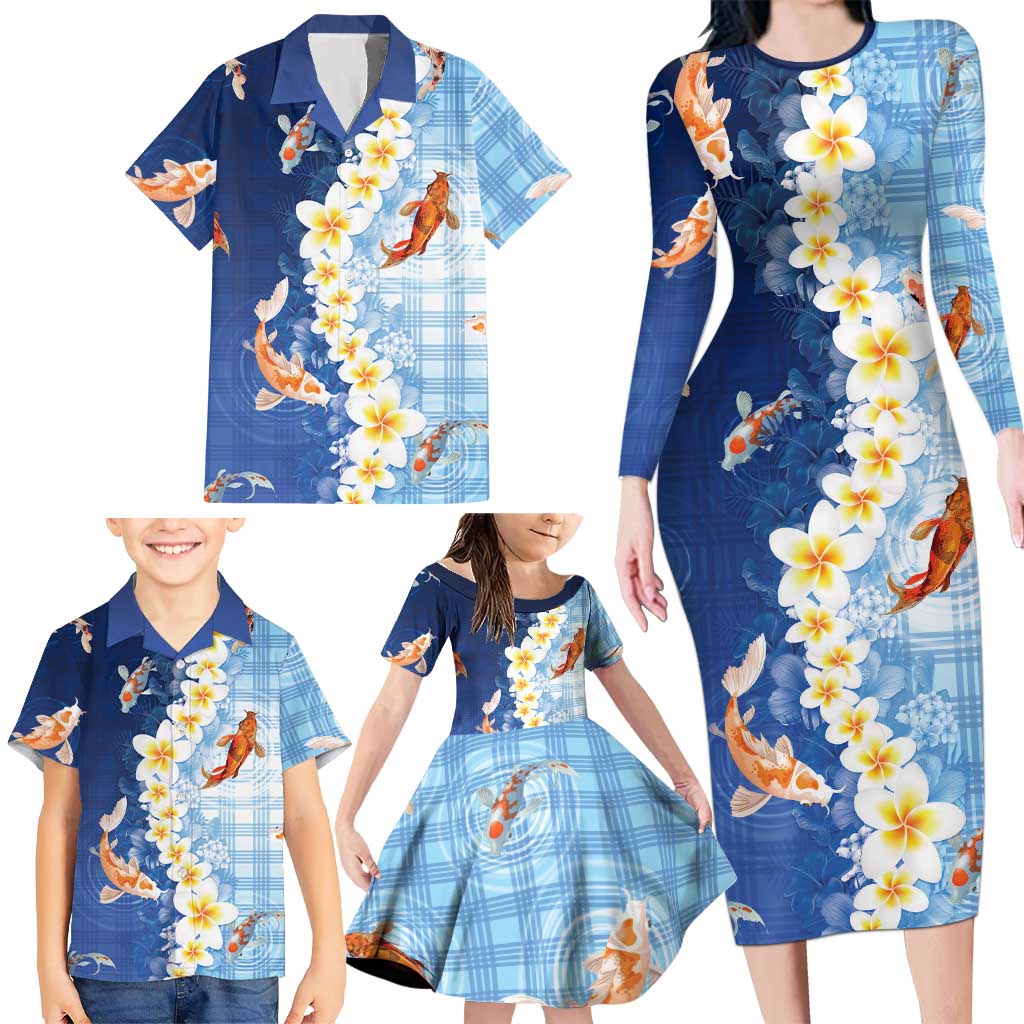 Hawaii And Japan Family Matching Long Sleeve Bodycon Dress and Hawaiian Shirt Plumeria Lei With Koi Fish Blue LT05 - Polynesian Pride