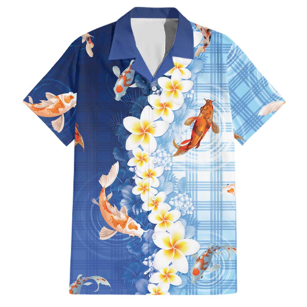 Hawaii And Japan Family Matching Mermaid Dress and Hawaiian Shirt Plumeria Lei With Koi Fish Blue LT05 Dad's Shirt - Short Sleeve Blue - Polynesian Pride