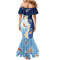 Hawaii And Japan Family Matching Mermaid Dress and Hawaiian Shirt Plumeria Lei With Koi Fish Blue LT05 - Polynesian Pride