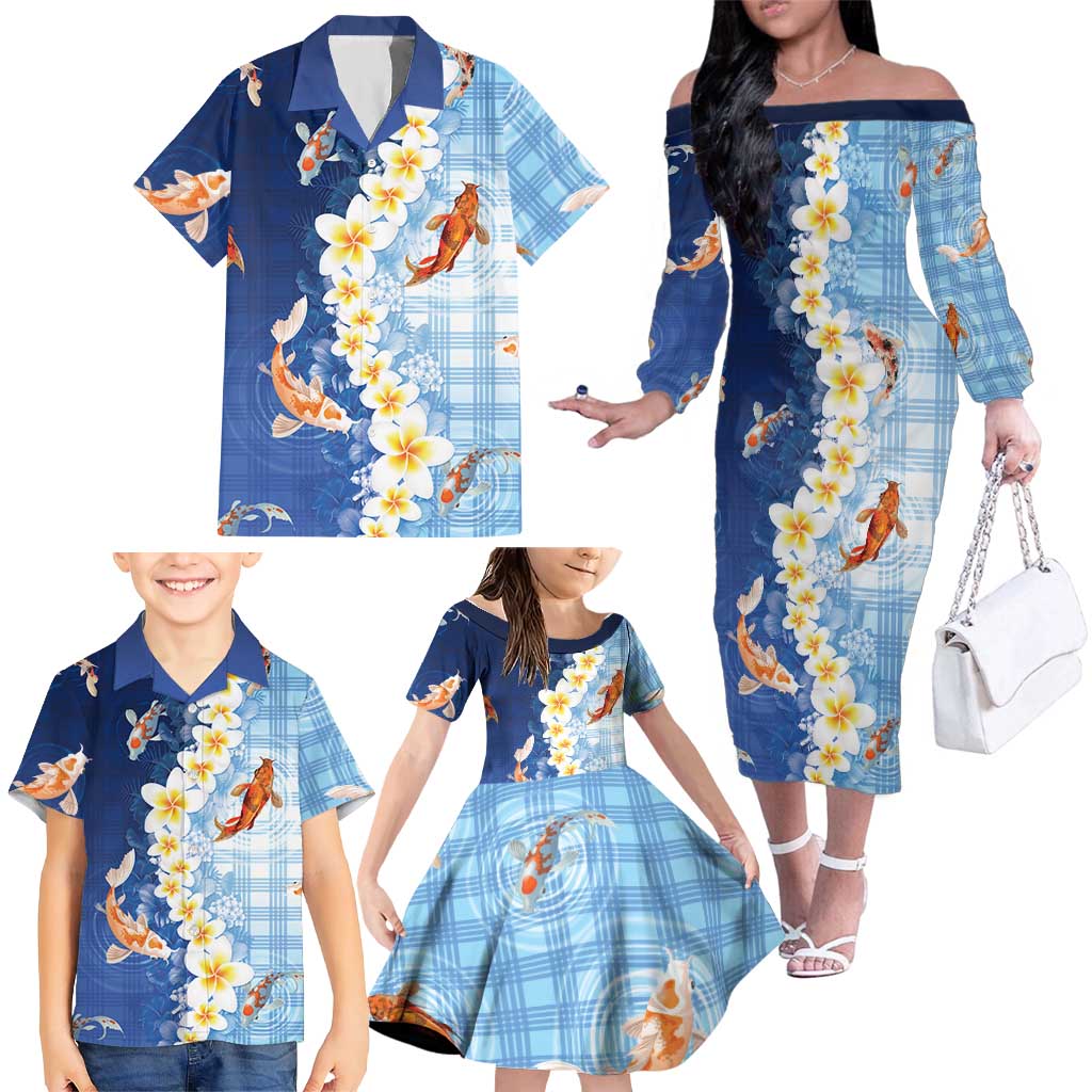 Hawaii And Japan Family Matching Off The Shoulder Long Sleeve Dress and Hawaiian Shirt Plumeria Lei With Koi Fish Blue - Polynesian Pride