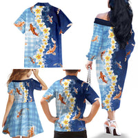 Hawaii And Japan Family Matching Off The Shoulder Long Sleeve Dress and Hawaiian Shirt Plumeria Lei With Koi Fish Blue LT05 - Polynesian Pride