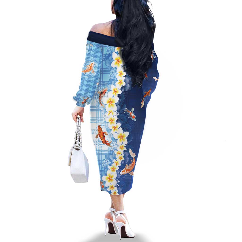 Hawaii And Japan Family Matching Off The Shoulder Long Sleeve Dress and Hawaiian Shirt Plumeria Lei With Koi Fish Blue LT05 - Polynesian Pride