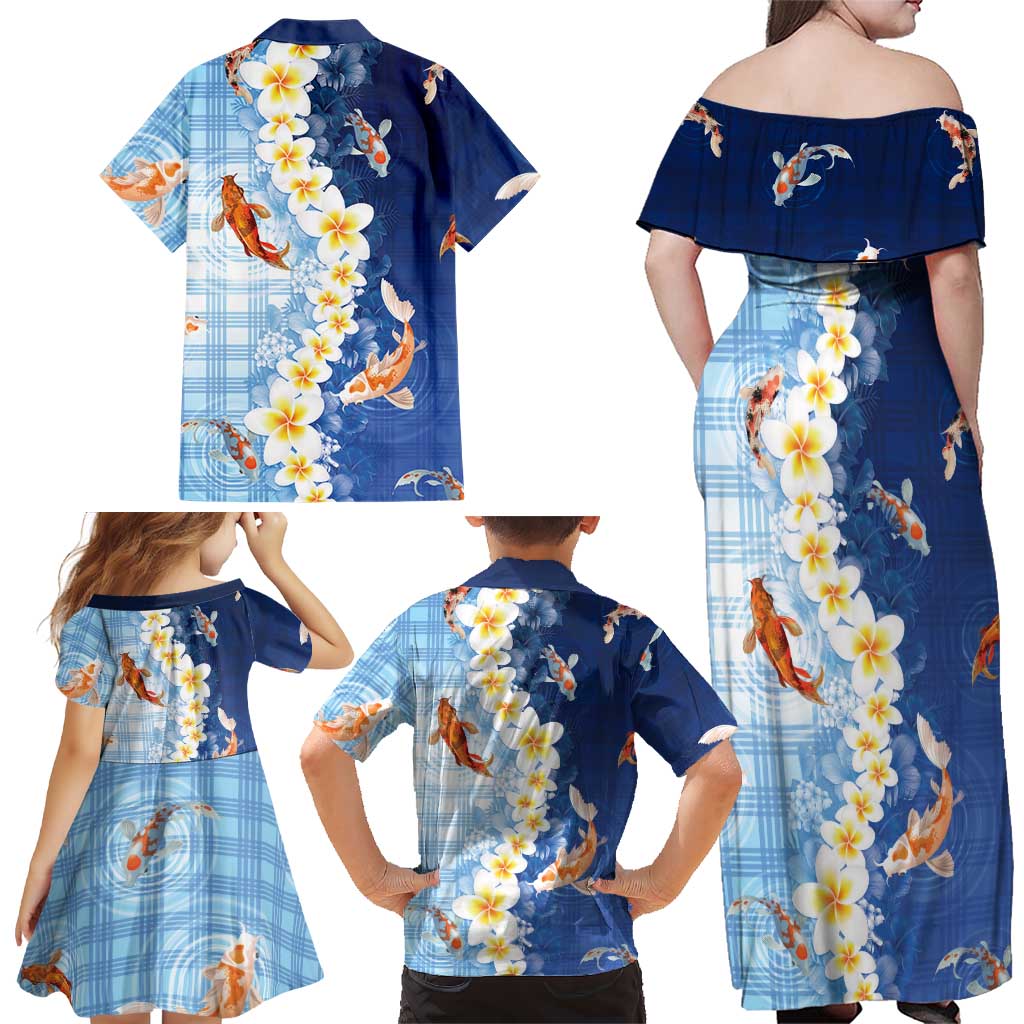 Hawaii And Japan Family Matching Off Shoulder Maxi Dress and Hawaiian Shirt Plumeria Lei With Koi Fish Blue LT05 - Polynesian Pride