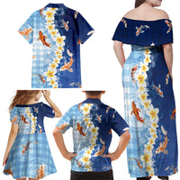 Hawaii And Japan Family Matching Off Shoulder Maxi Dress and Hawaiian Shirt Plumeria Lei With Koi Fish Blue LT05 - Polynesian Pride