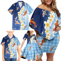 Hawaii And Japan Family Matching Off Shoulder Short Dress and Hawaiian Shirt Plumeria Lei With Koi Fish Blue LT05 - Polynesian Pride