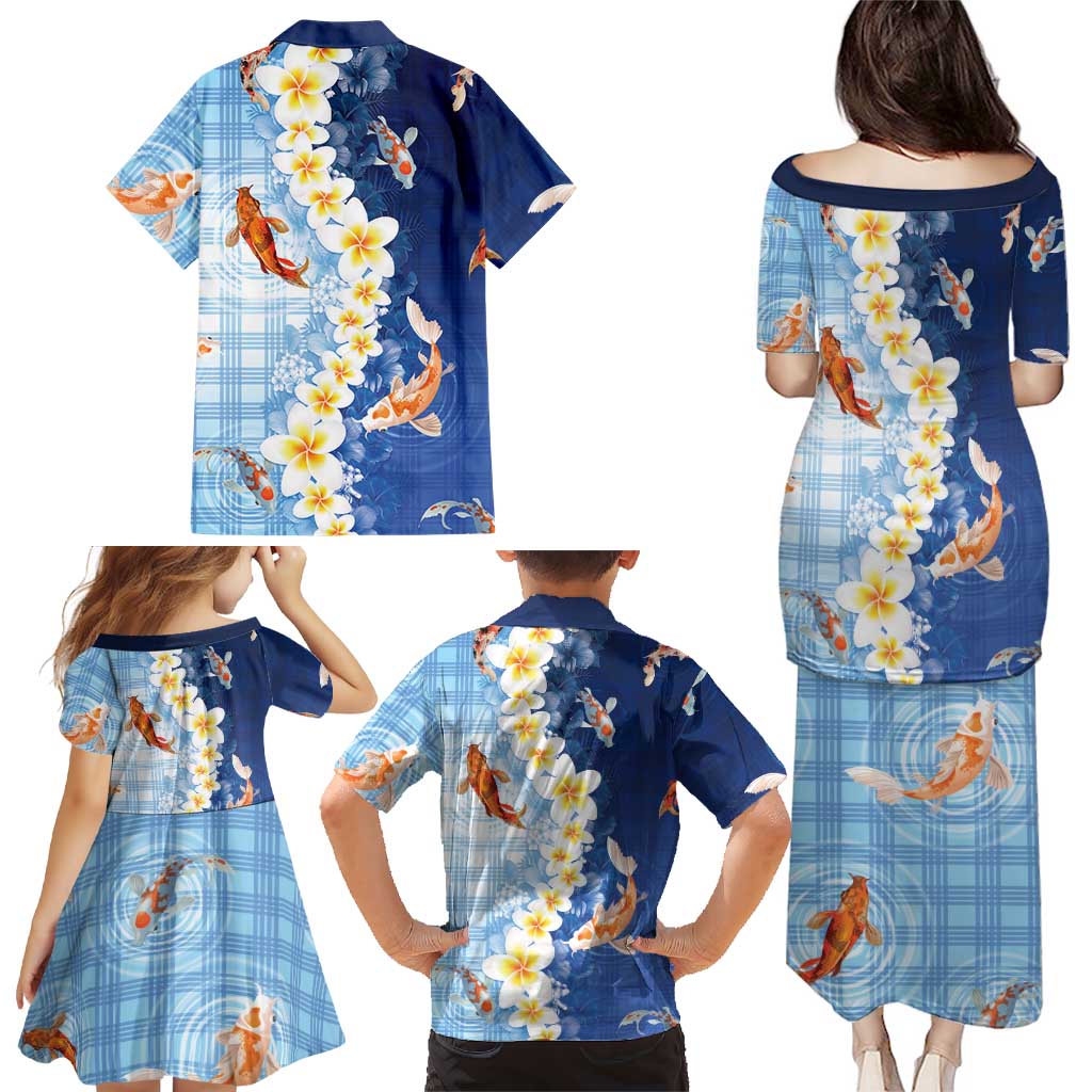 Hawaii And Japan Family Matching Puletasi and Hawaiian Shirt Plumeria Lei With Koi Fish Blue LT05 - Polynesian Pride