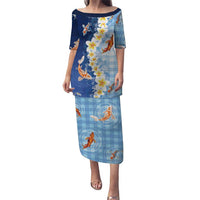 Hawaii And Japan Family Matching Puletasi and Hawaiian Shirt Plumeria Lei With Koi Fish Blue LT05 Mom's Dress Blue - Polynesian Pride