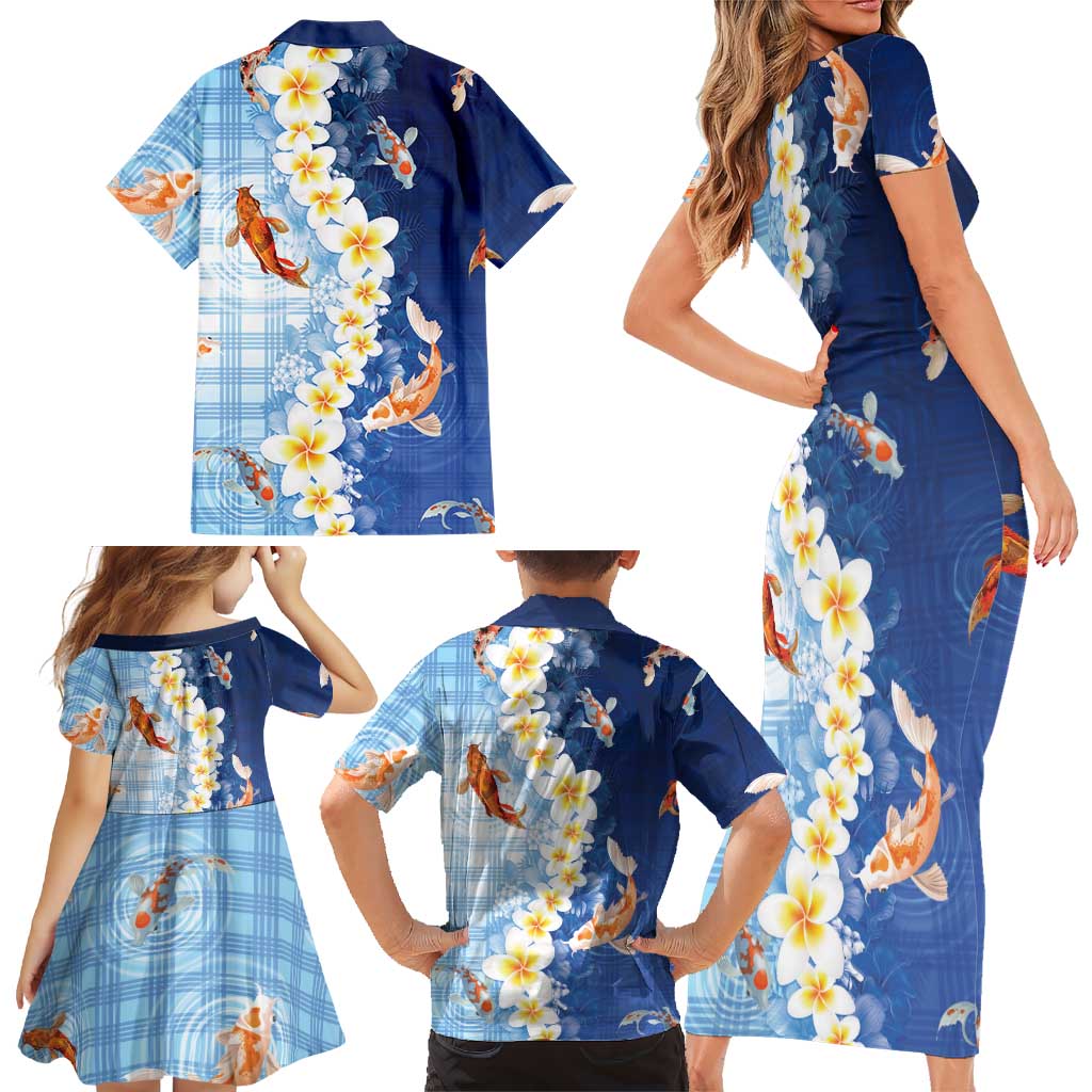 Hawaii And Japan Family Matching Short Sleeve Bodycon Dress and Hawaiian Shirt Plumeria Lei With Koi Fish Blue LT05 - Polynesian Pride