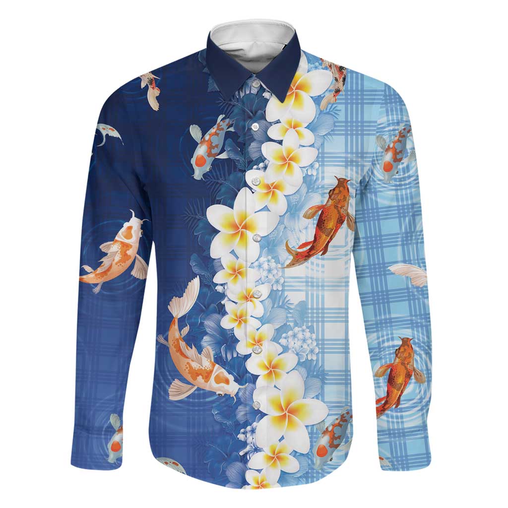 Hawaii And Japan Family Matching Short Sleeve Bodycon Dress and Hawaiian Shirt Plumeria Lei With Koi Fish Blue LT05 Dad's Shirt - Long Sleeve Blue - Polynesian Pride
