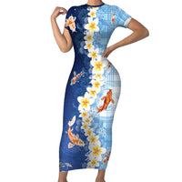 Hawaii And Japan Family Matching Short Sleeve Bodycon Dress and Hawaiian Shirt Plumeria Lei With Koi Fish Blue LT05 Mom's Dress Blue - Polynesian Pride