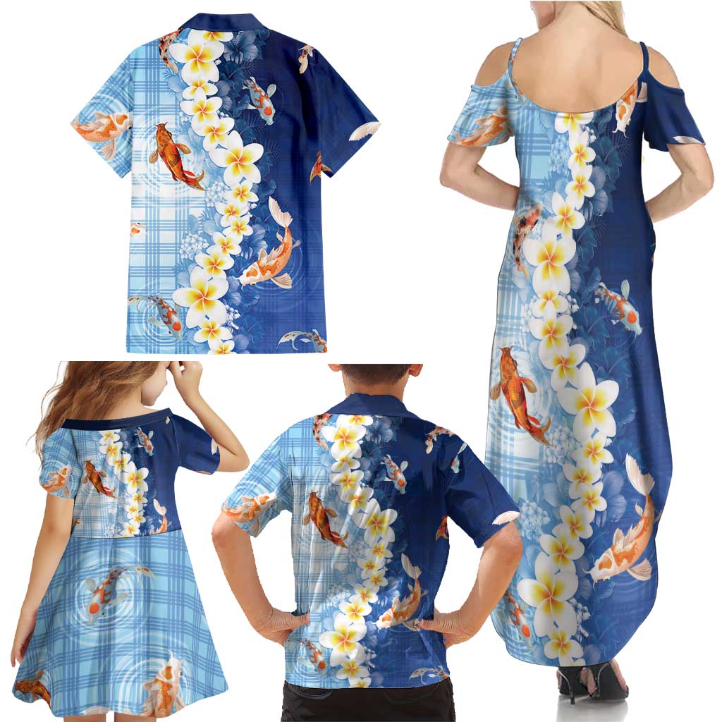 Hawaii And Japan Family Matching Summer Maxi Dress and Hawaiian Shirt Plumeria Lei With Koi Fish Blue LT05 - Polynesian Pride