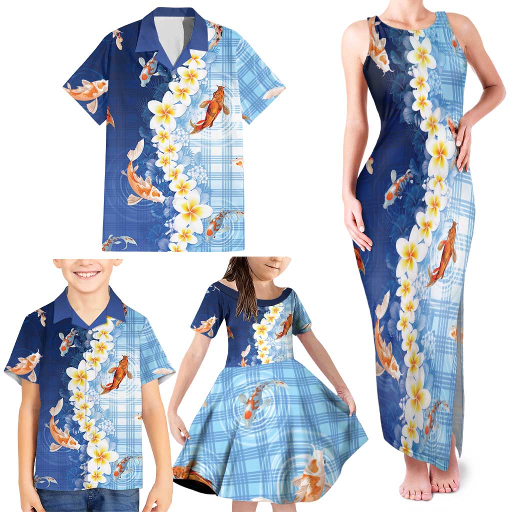 Hawaii And Japan Family Matching Tank Maxi Dress and Hawaiian Shirt Plumeria Lei With Koi Fish Blue LT05 - Polynesian Pride