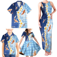 Hawaii And Japan Family Matching Tank Maxi Dress and Hawaiian Shirt Plumeria Lei With Koi Fish Blue LT05 - Polynesian Pride