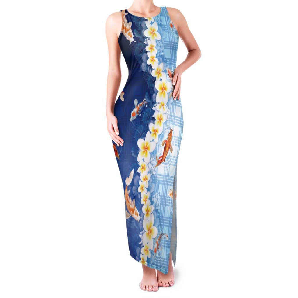 Hawaii And Japan Family Matching Tank Maxi Dress and Hawaiian Shirt Plumeria Lei With Koi Fish Blue LT05 Mom's Dress Blue - Polynesian Pride