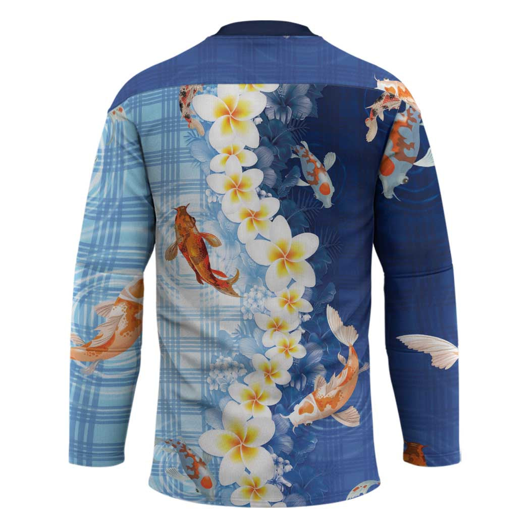 Hawaii And Japan Hockey Jersey Plumeria Lei With Koi Fish Blue - Polynesian Pride