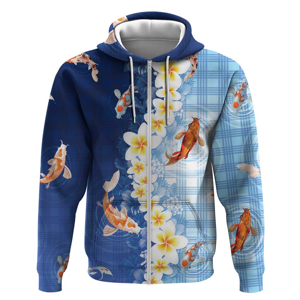 Hawaii And Japan Hoodie Plumeria Lei With Koi Fish Blue LT05 Zip Hoodie Blue - Polynesian Pride