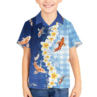 Hawaii And Japan Kid Hawaiian Shirt Plumeria Lei With Koi Fish Blue - Polynesian Pride