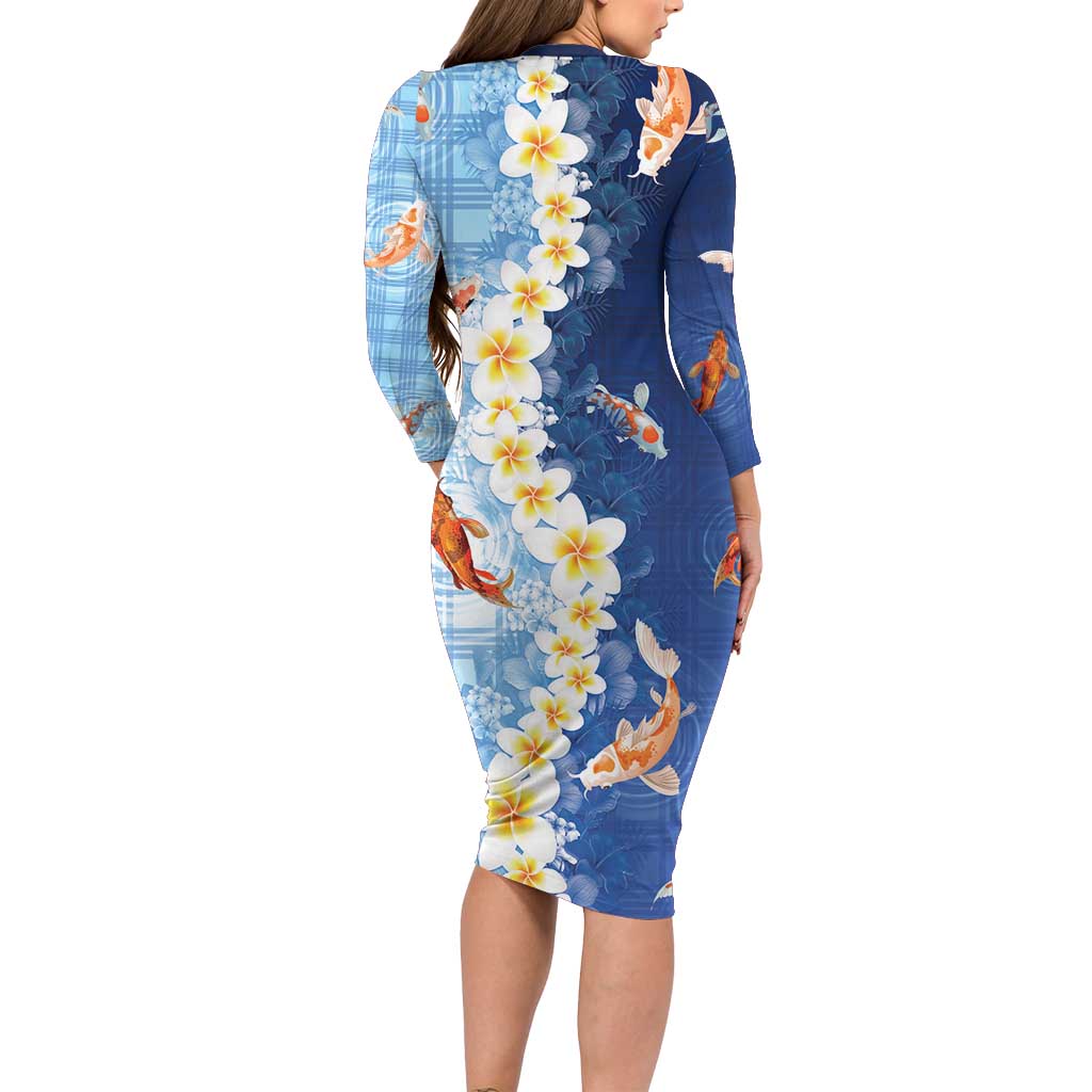 Hawaii And Japan Long Sleeve Bodycon Dress Plumeria Lei With Koi Fish Blue - Polynesian Pride