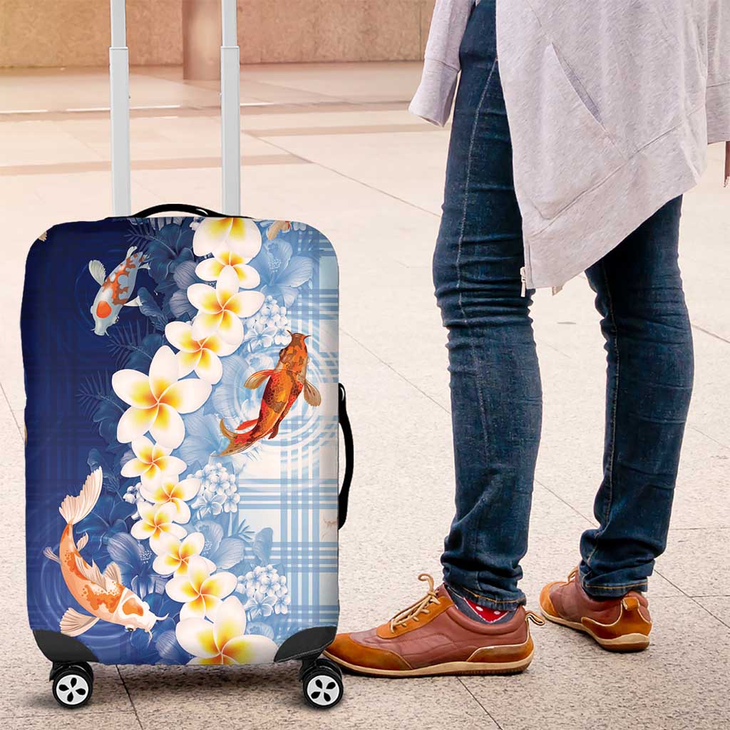 Hawaii And Japan Luggage Cover Plumeria Lei With Koi Fish Blue LT05 Blue - Polynesian Pride